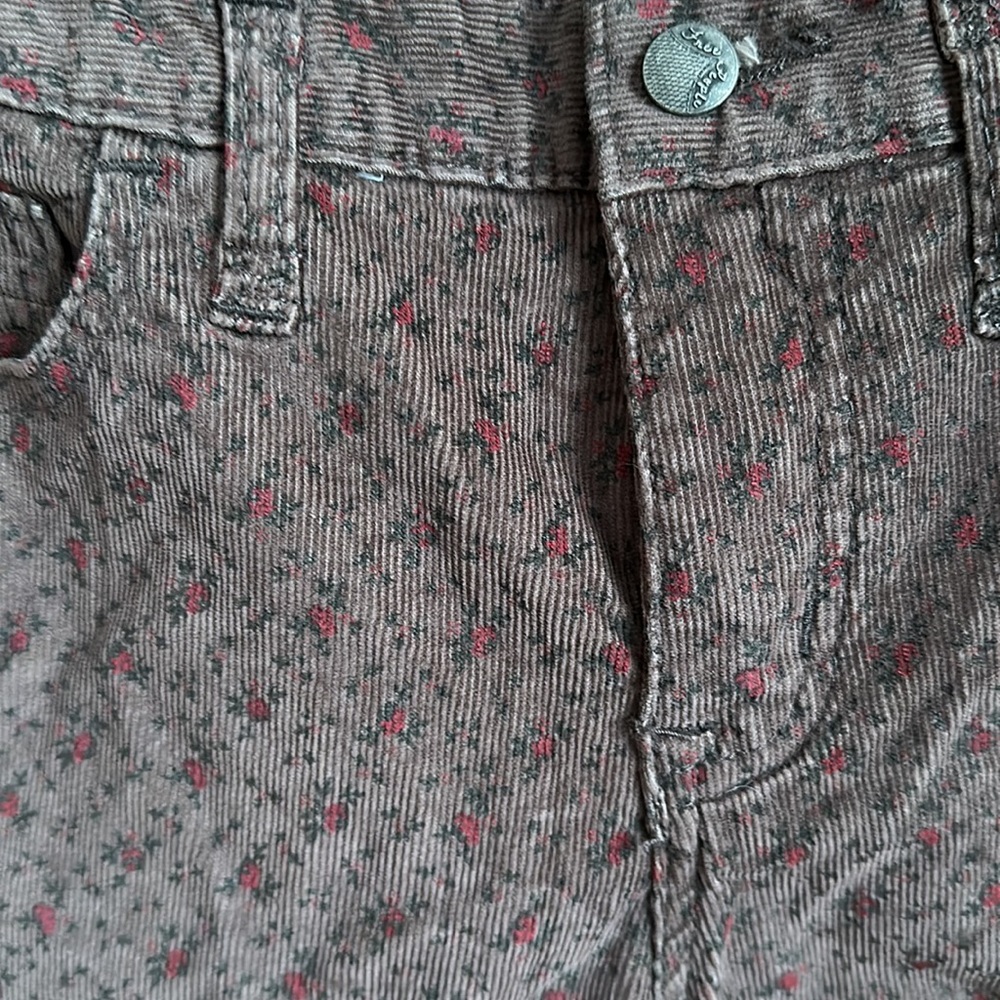 FREE PEOPLE WAIST 29 CHARCOAL W RED FLOWER/GREEN LEAVE  CORDUROY NWT